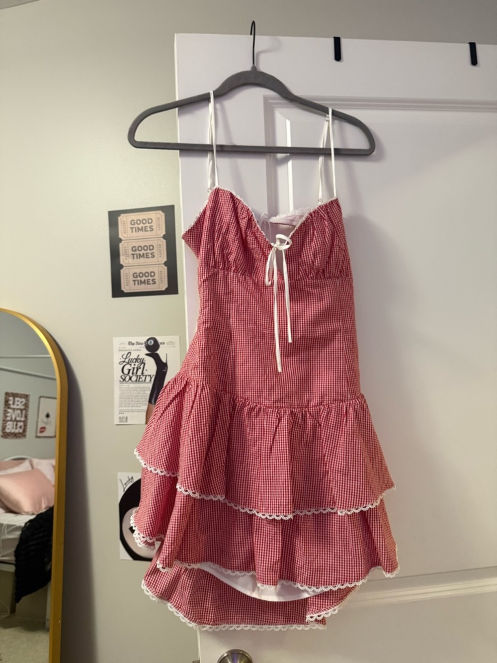 Red Gingham Tiered Ruffle Sundress with Lace Trim